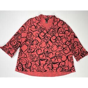 ALI MILES Tunic Top Red Orange Geometric Art to Wear Long Sleeve Button Up 1X